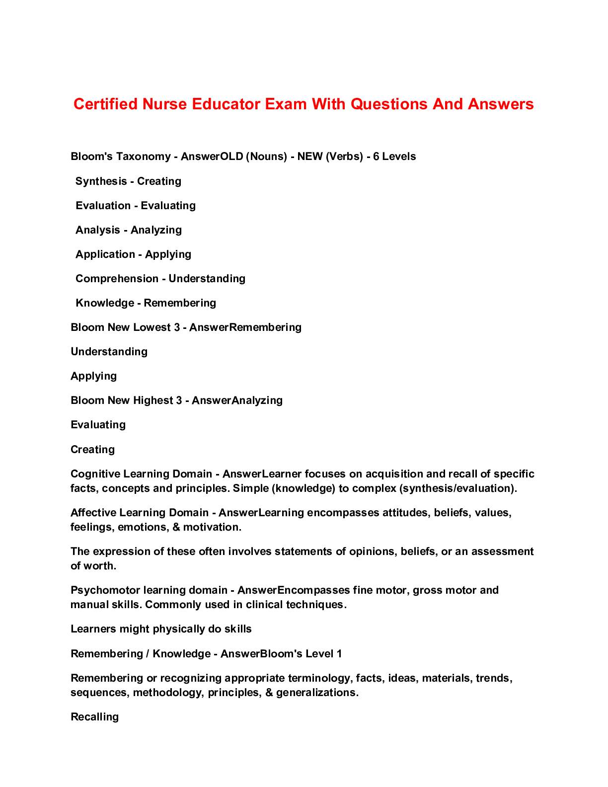 Preview of Certified Nurse Educator Exam With Questions And Answers